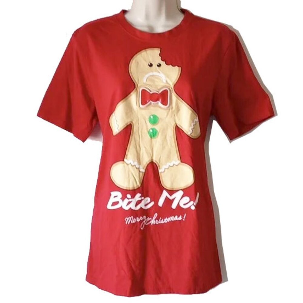 NWOT Gingerbread Man Bite Me T-shirt Unisex M Flashing Lights Ugly Sweater